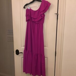 Stunning Pink Ruffled Detailed One Shoulder Maxi Dress